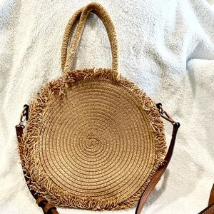 Lauren Conrad Round Straw Crossbody Bag Boho Fringe Summer Beach Tan